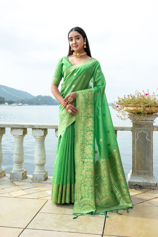 Parrot Green Premium Soft Silk Zari Weaving Saree