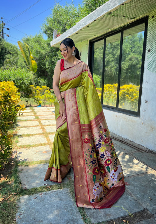 Parrot Green Traditional Pure Soft Paithani Silk Zari Weaving Saree