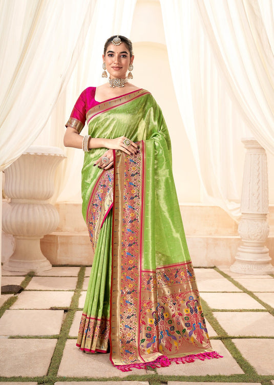 Parrot Green Handloom Zari Weaving Traditional Saree