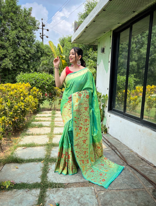 Parrot Green Classic Pure Paithani Traditional Border Zari Weaving Saree