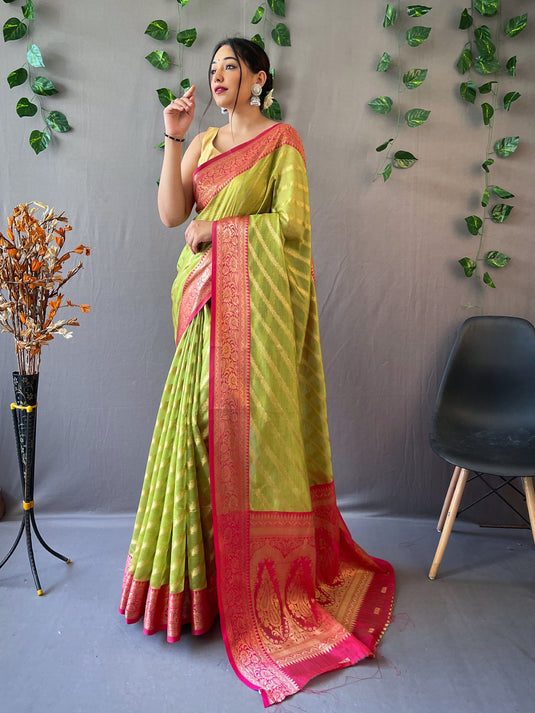 Parrot Green Pure Organza Jacquard Border Saree