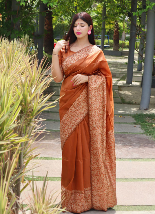 Brown Elegant Handloom Raw Silk Rich Weaving Pallu Saree