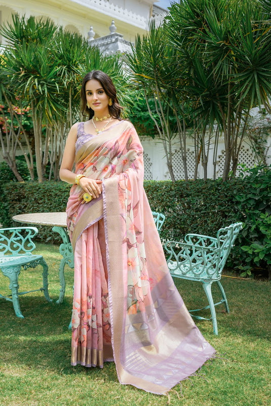 Peach Soft Linen Cotton Digital Printed Summer Saree