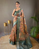 Peach pure tussar silk kalamkari printed zari weaving border saree