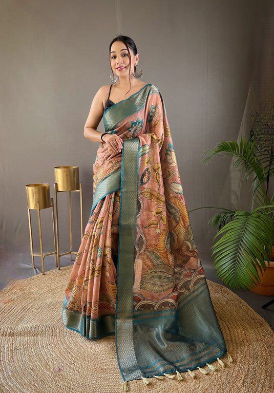 Peach pure tussar silk kalamkari printed zari weaving border saree