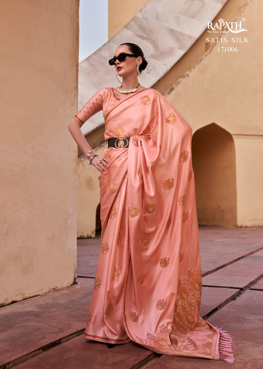 Peach Pure Satin With Copper Zari Weaving Designer Saree