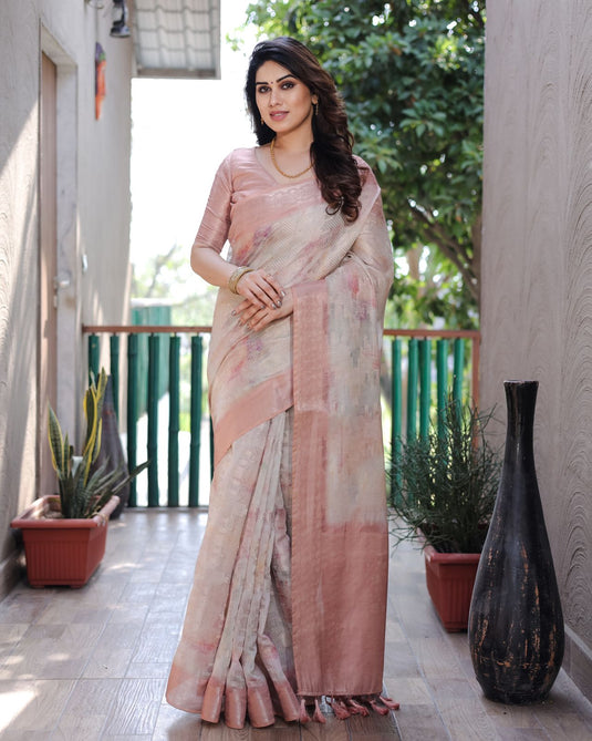 Peach Soft Silk Prism Pattern Digital Print Saree