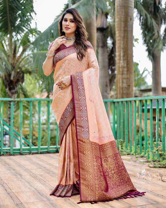 Peach Kanjivaram Silk Zari Weaving Traditional Saree