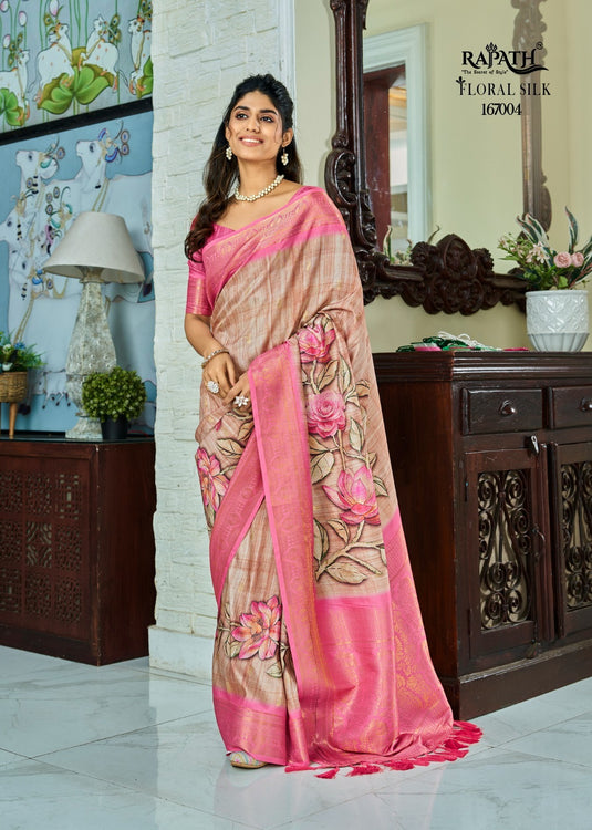 Peach Pure Handloom Kotha Silk Floral Printed Zari Weaving Saree