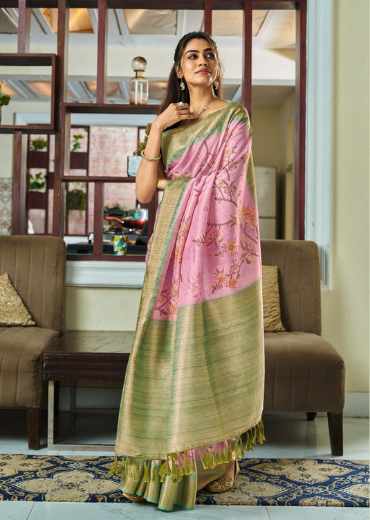 Pink Pure Handloom Kotha Silk Floral Printed Zari Weaving Saree