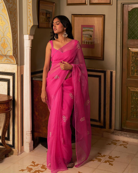 Dark Pink Premium Organza Silk Khatli Work Saree