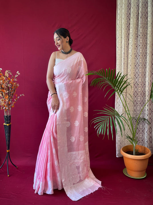 Pink Pure Linen Lucknowi Weaving Saree