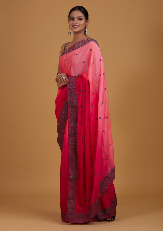 Pink Soft Bamber Silk Ombre Swaroski Work Saree