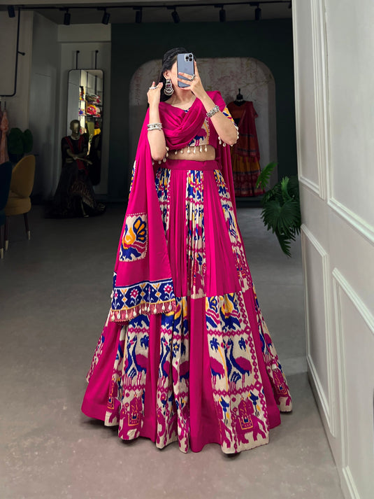 Pink Rayon Printed Silk Fully Stitched Lehenga Choli