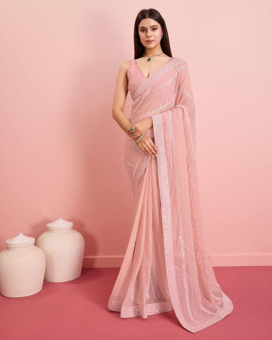 Pink Premium Soft Georgette Sequence Embroidered Work Saree