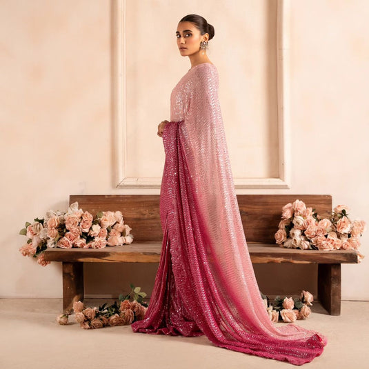 Pink Sequence Embroidered Ombre Cocktail Wear Saree