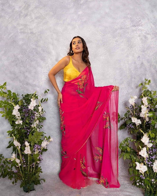 Pink Soft Georgette Silk Floral Digital Print Cutdana Work Saree