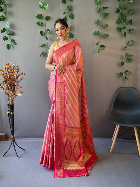 Pink Pure Organza Jacquard Border Saree