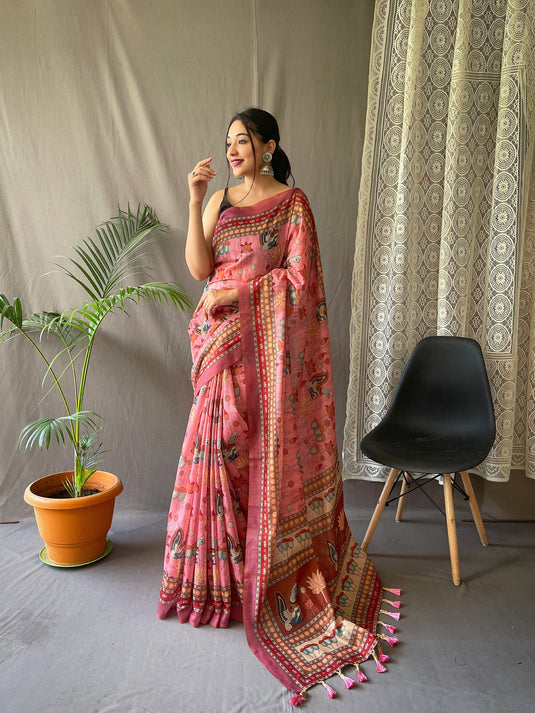 Pink Malai Cotton Kalamkari Print Saree