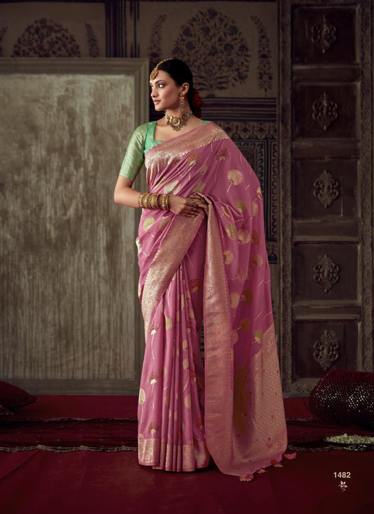 Pink Pure Dola Silk Meenakari Weaving Traditional Saree