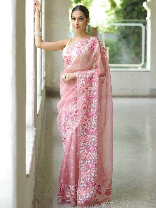 Pink Elegant Pure Organza Thread Embroidered Saree