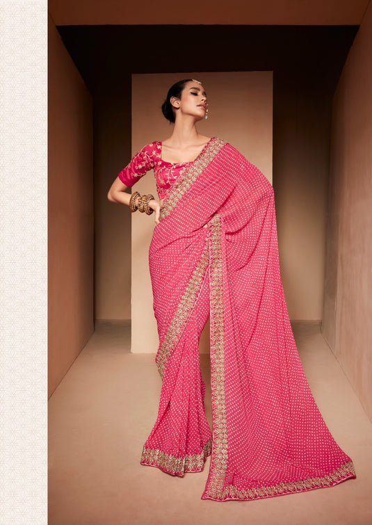 Pink Heavy Georgette Traditional Printed Border Embroidered Saree