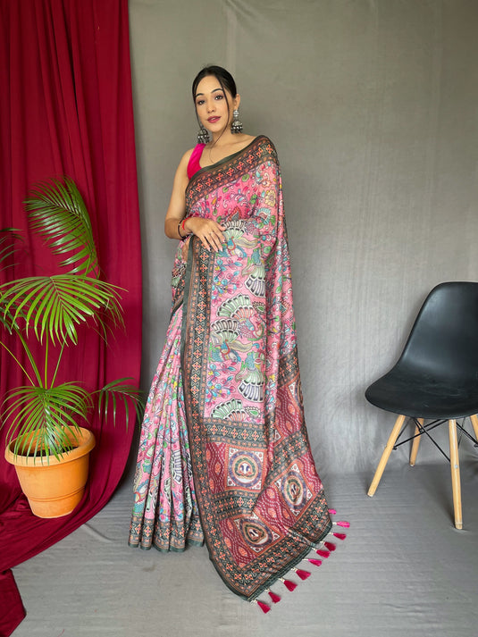 Pink Pure Malai Cotton Traditional Digital Print Saree