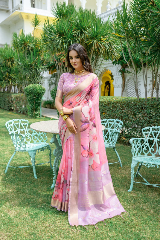 Pink Soft Linen Cotton Digital Printed Summer Saree