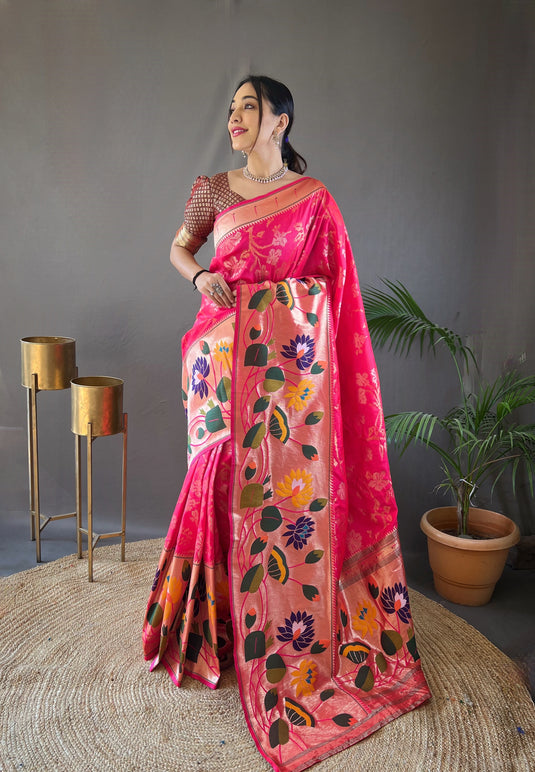 Pink Soft Paithani Silk Rich Weaving Traditional Saree