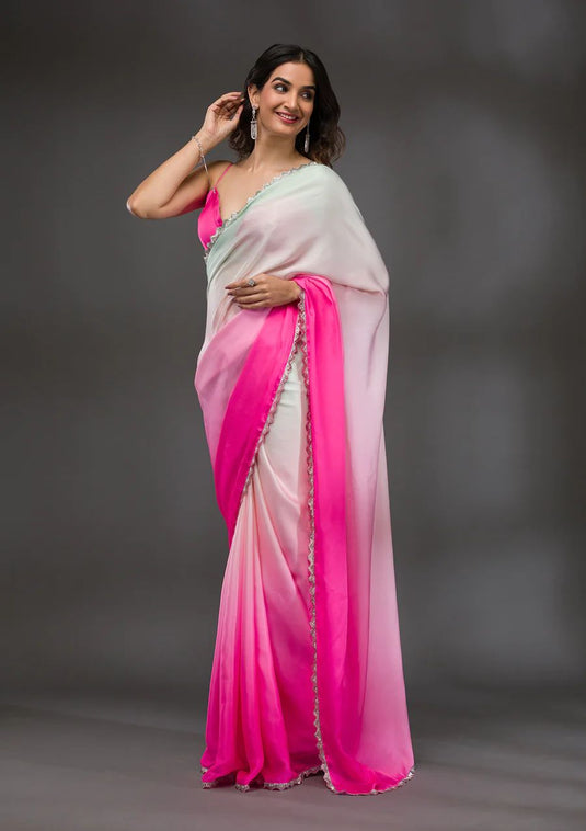 Pink Elegant Premium Crepe Silk Printed Designer Ombre Saree