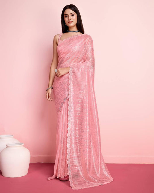 Pink Twill Net Sequence Embroidered Work Saree