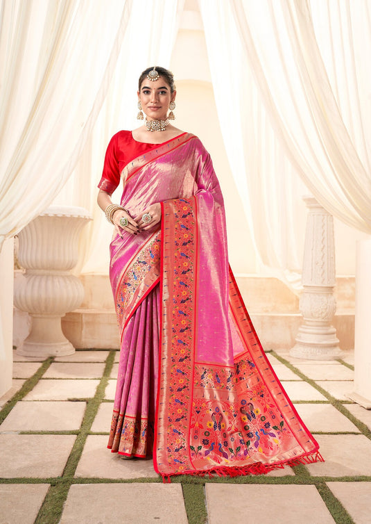 Pink Pure Handloom Zari Weaving Traditional Saree