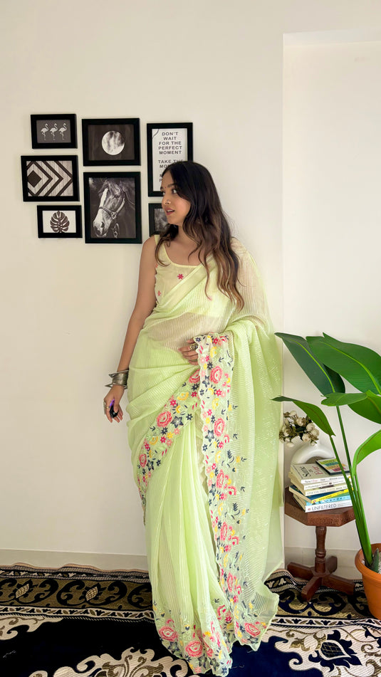 Light Green Latest Heavy Georgette Sequence Embroidered Work Saree