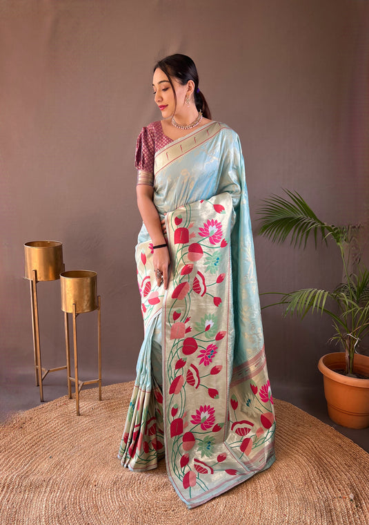 Powder Blue Soft Paithani Silk Rich Weaving Traditional Saree