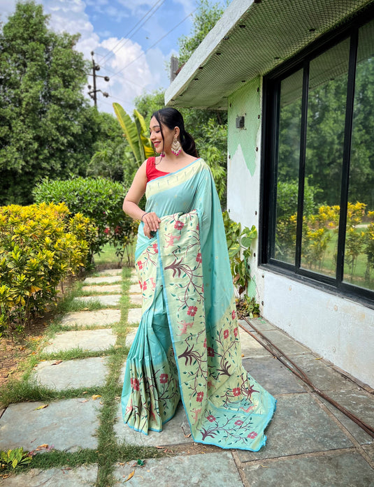 Powder Blue Classic Pure Paithani Traditional Border Zari Weaving Saree