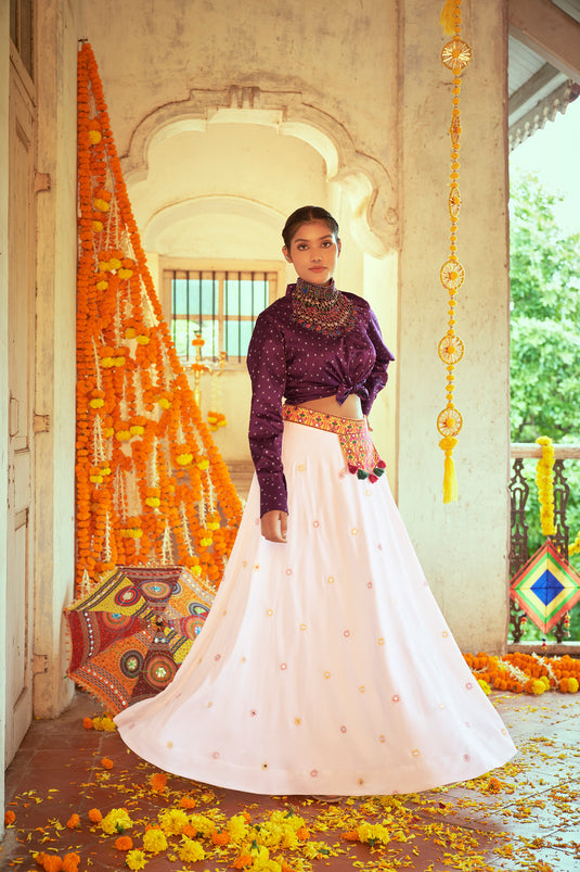 Purple-White Gaji Silk Printed And Embroidered Work Lehenga Choli