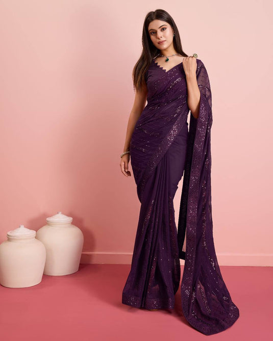 Purple Premium Soft Georgette Sequence Embroidered Work Saree