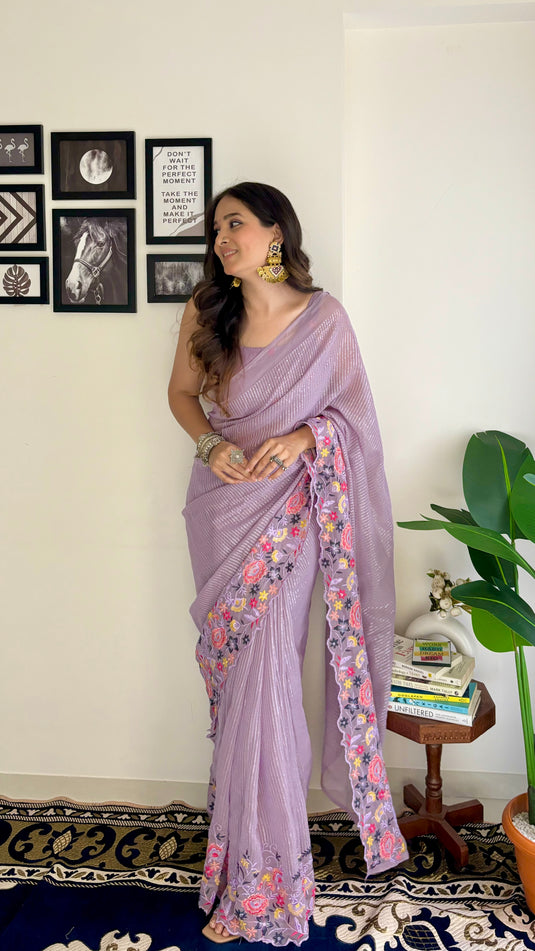 Lavender Latest Heavy Georgette Sequence Embroidered Work Saree