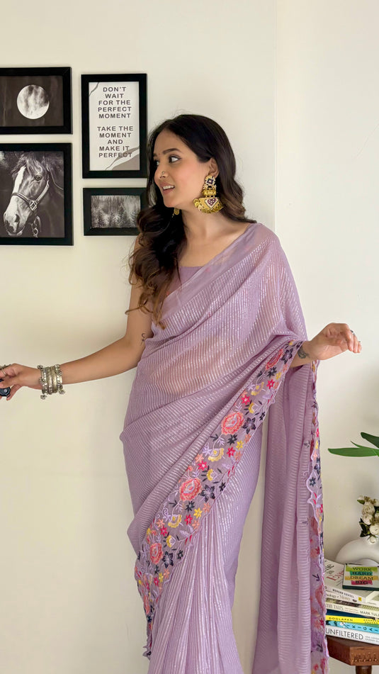 Lavender Latest Heavy Georgette Sequence Embroidered Work Saree