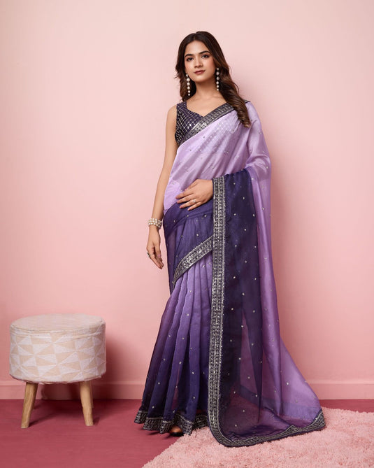 Purple Taby Organza Silk Sequence Embroidered Border Saree