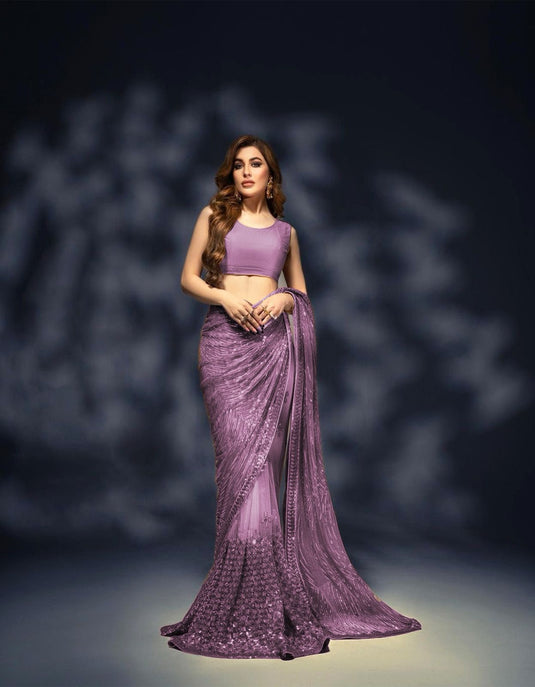 Purple Premium Georgette Sequence Embroidered Work Saree