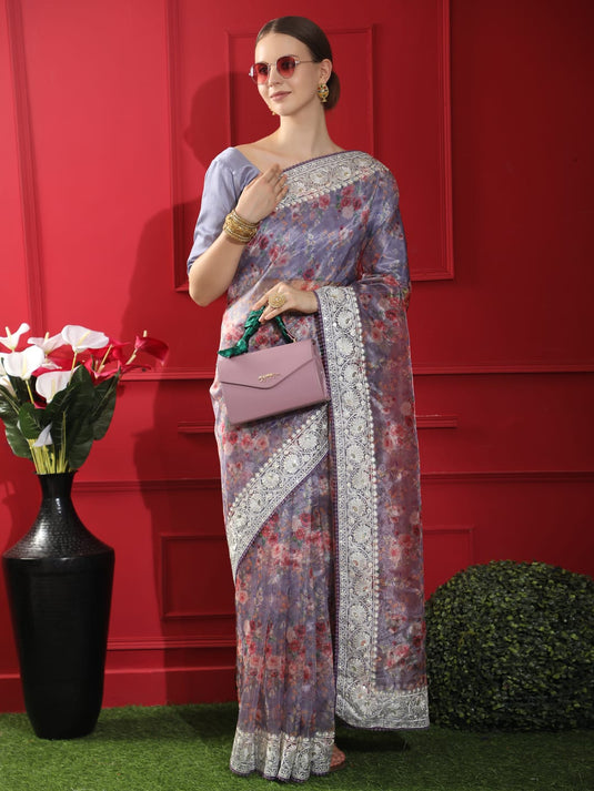 Purple Soft Organza Silk Floral Printed Designer Saree