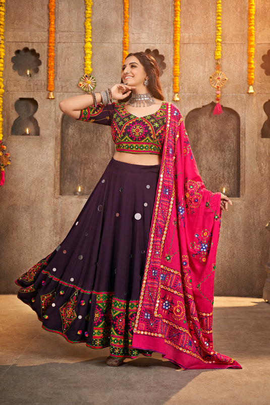 Purple Viscose Rayon Thread Embroidered Semi Stitched Lehenga Choli