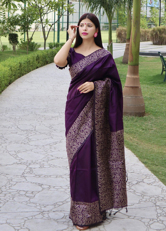 Purple Elegant Handloom Raw Silk Rich Weaving Pallu Saree