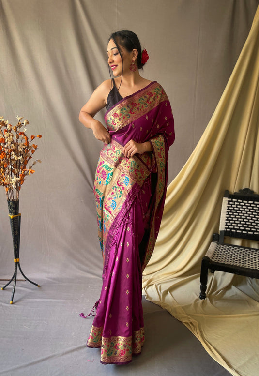 Purple Paithani Soft Silk Peacock Motif Saree