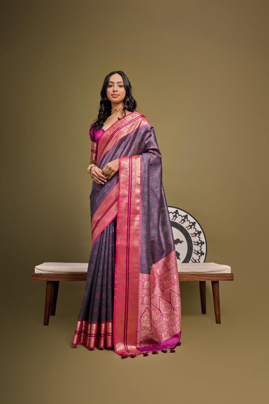 Purple Soft Desi Tussar Silk Bandhani Weaving Pattern saree