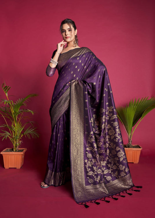 Purple Banarasi Raw Silk Zari Weaving Traditional Saree