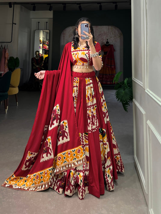 Red Rayon Printed Silk Fully Stitched Lehenga Choli