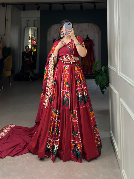 Red Rayon Printed Silk Fully Stitched Lehenga Choli