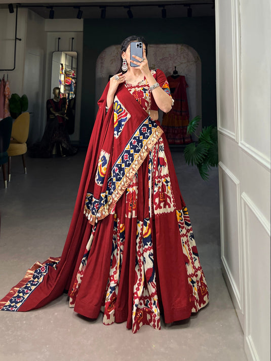 Red Rayon Printed Silk Fully Stitched Lehenga Choli